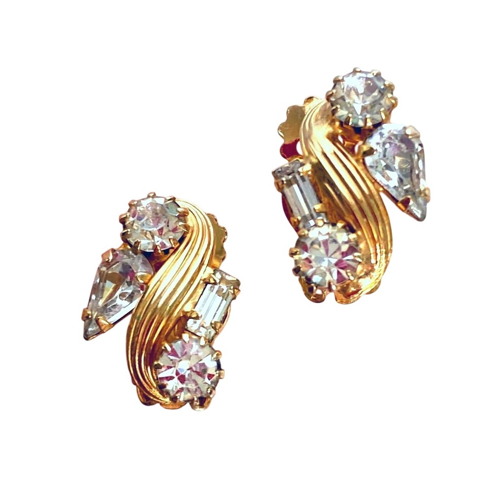 Vintage Gold Tone Rhinestone Clip On Earrings Party Cocktail Jewelry